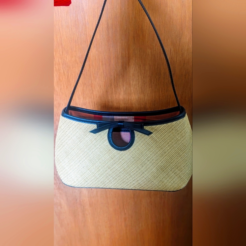 Vintage Cole Haan Tan Straw Shoulder Bag with Pink Plaid Lining